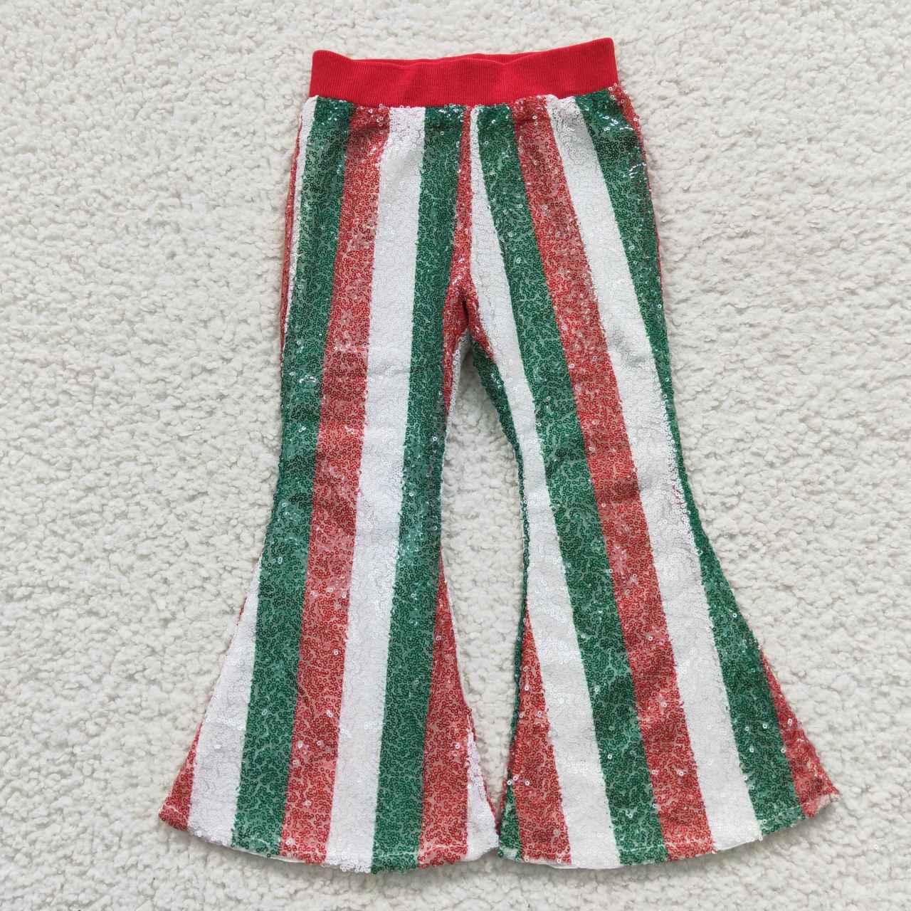 P0199 Red Green Stripes Sequin Bell-bottom Kids Long Pants