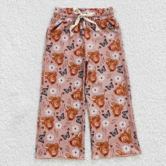 P0144 Pink Highland Cow Western Cowboy Baby Girls Legging Long Pants