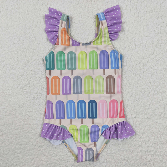 S0079 Baby Girl Clothes Colorful Popsicle Fly Sleeve Swimsuits RTS Free Shipping Over 2KG