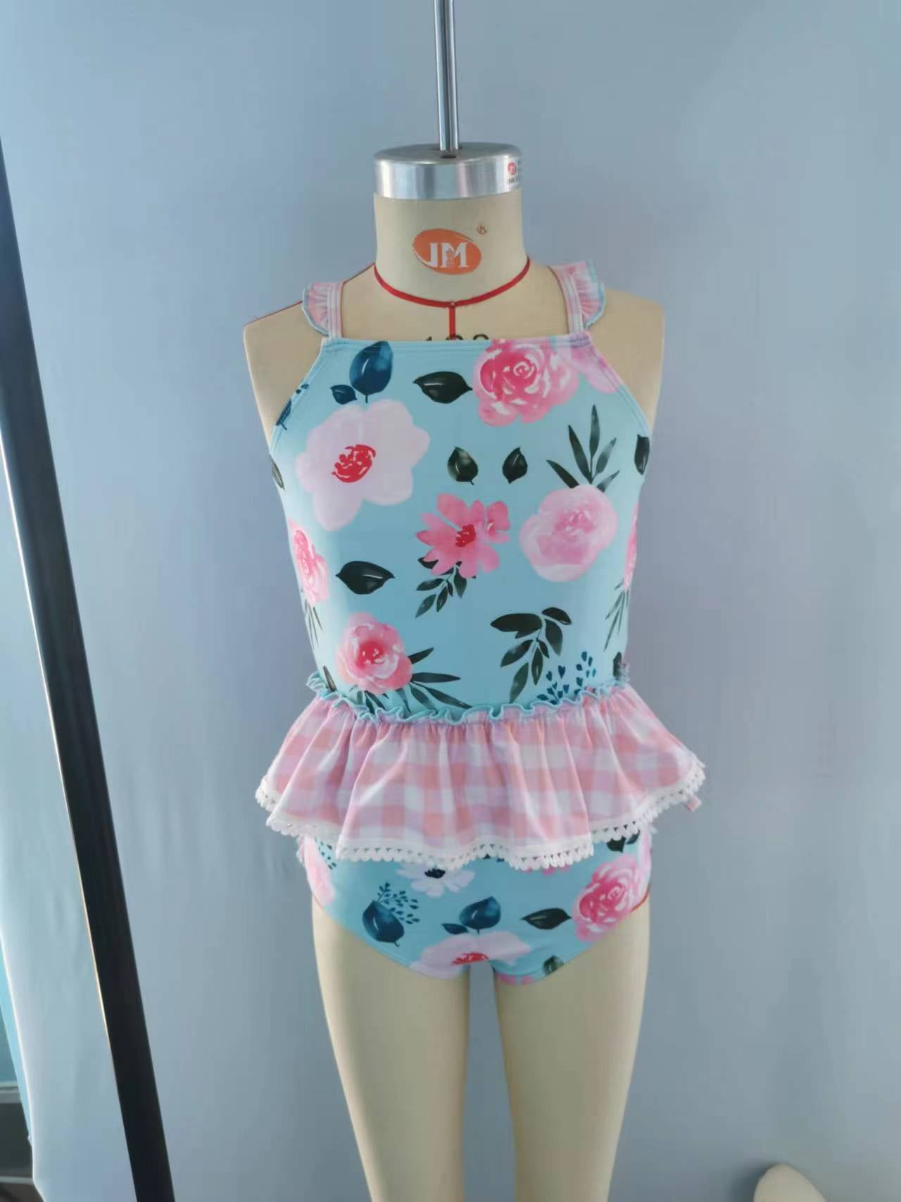 Preorder S0160 Pink Blue Floral Girls Swimming Bathing Suits Swimsuits