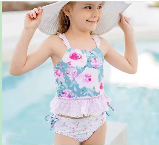 Preorder S0161 Pink Blue Floral Girls Swimming Bathing Suits Swimsuits