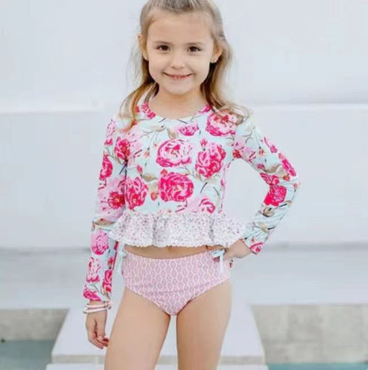 Preorder S0167 Pink Floral Girls Swimming Bathing Suits Swimsuits