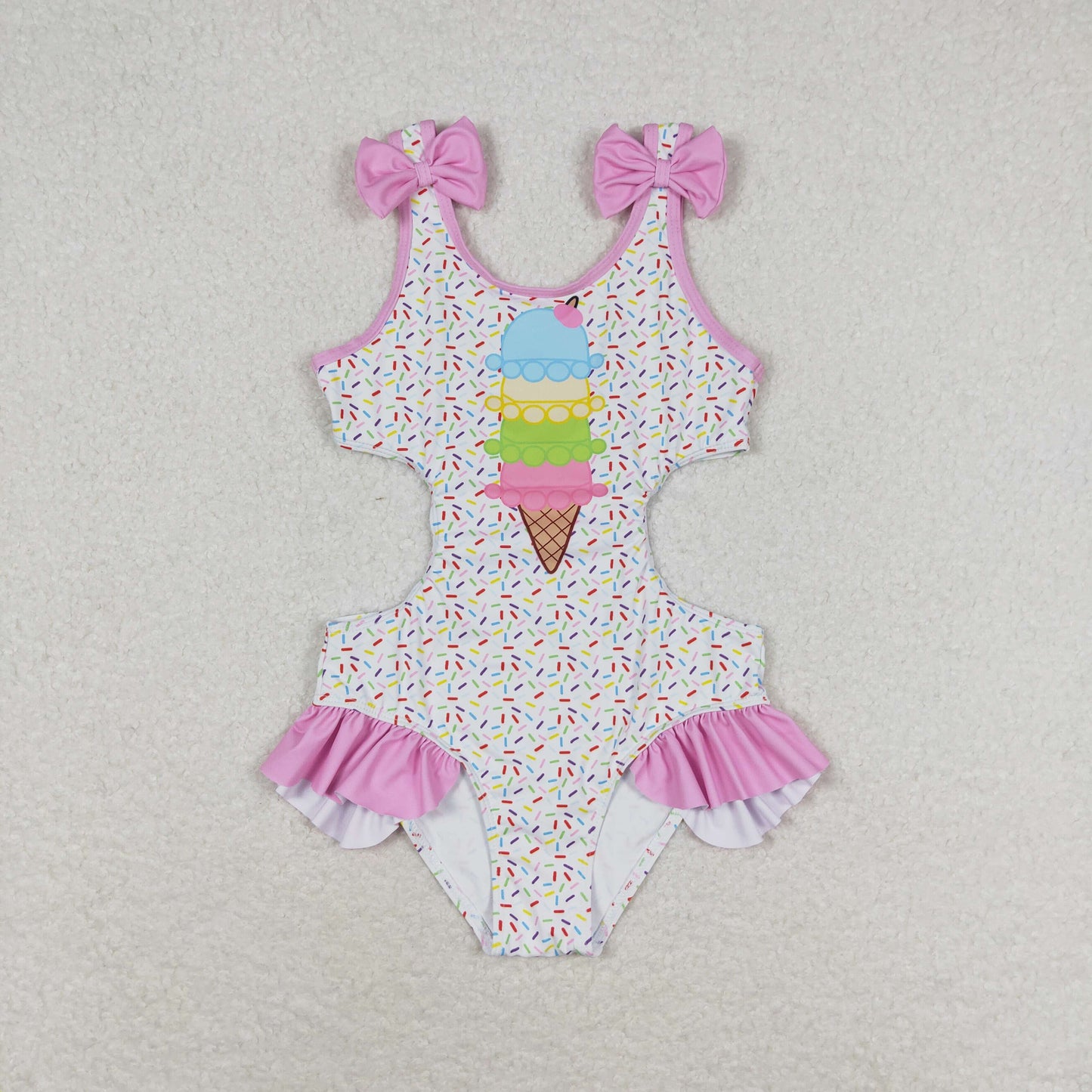 S0178 NO MOQ Ice cream pink lace bow white one-piece swimsuit