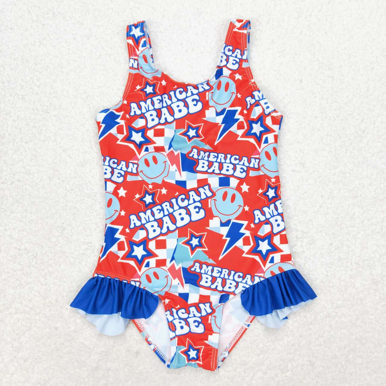 S0214 american babe Star check blue lace one-piece girls clothing sets 6-7 years