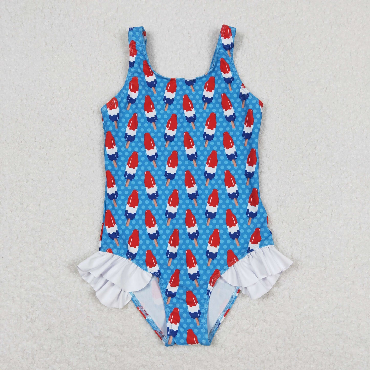 S0217 NO MOQ Bomb Popsicle ice cream polka dot white lace blue one-piece swimsuit