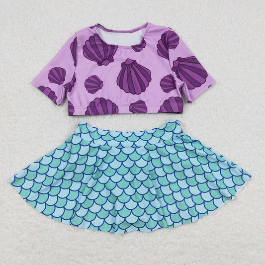 S0222 NO MOQ Shell purple short sleeve fish scale pattern skirt swimsuit