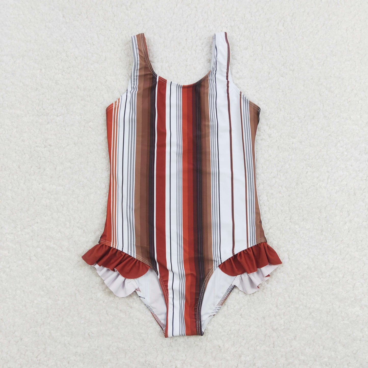 S0238 Orange-red white-brown striped one-piece swimsuit