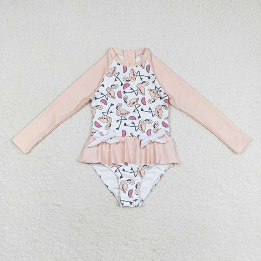 S0245 Watermelon flamingo white long-sleeved one-piece swimsuit