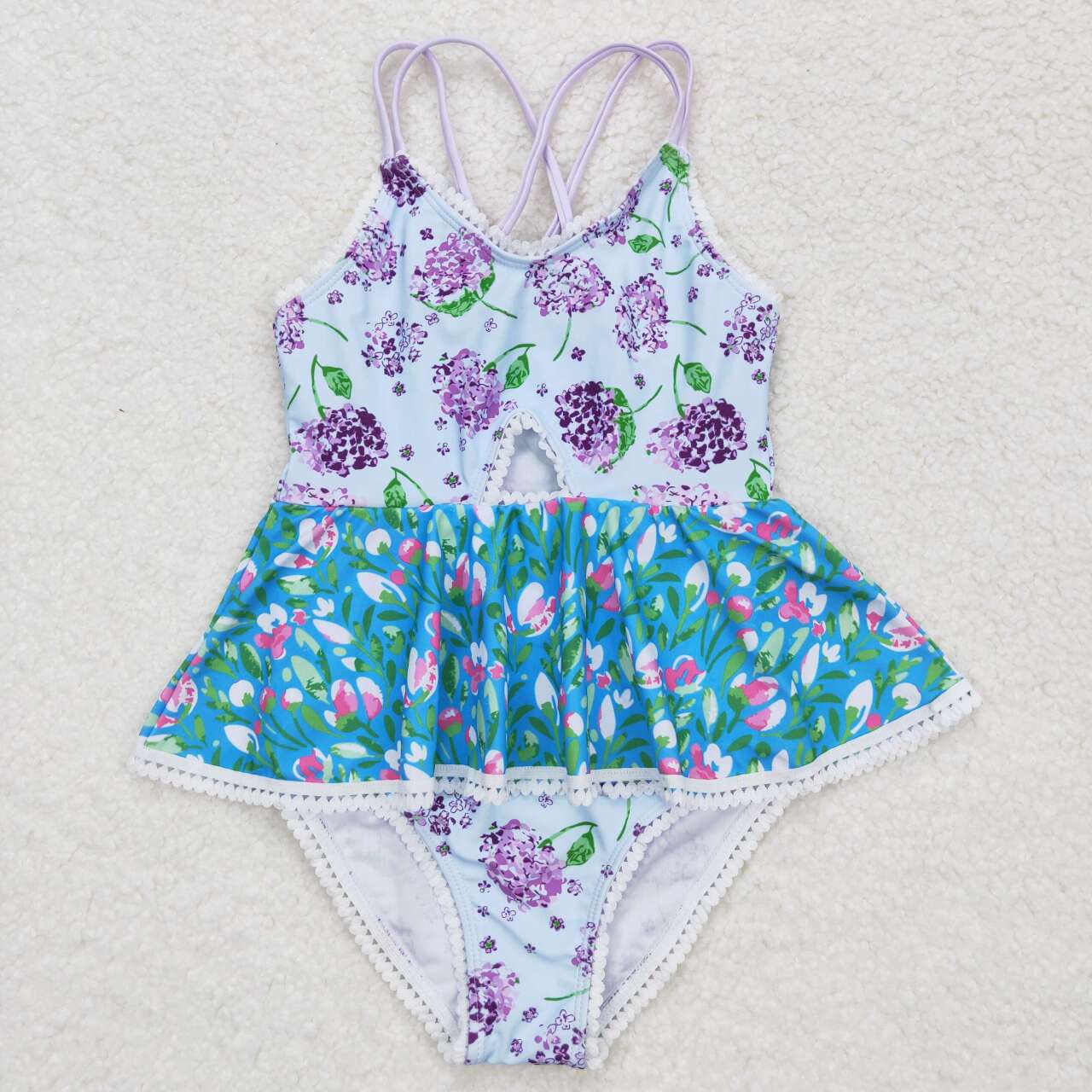 S0246 NO MOQ Purple floral lace teal halter one-piece swimsuit