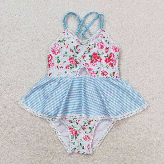 S0248 NO MOQ Blue and white halter one-piece with floral stripes and lace