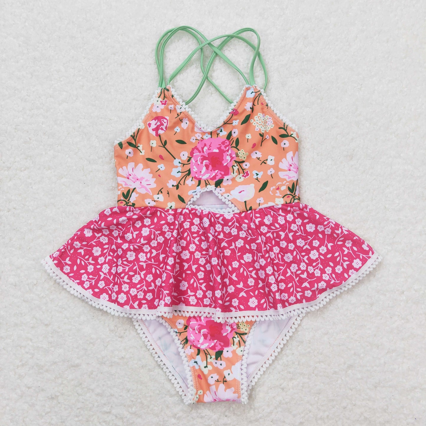 S0249 NO MOQ floral lace pink orange halter one-piece swimsuit