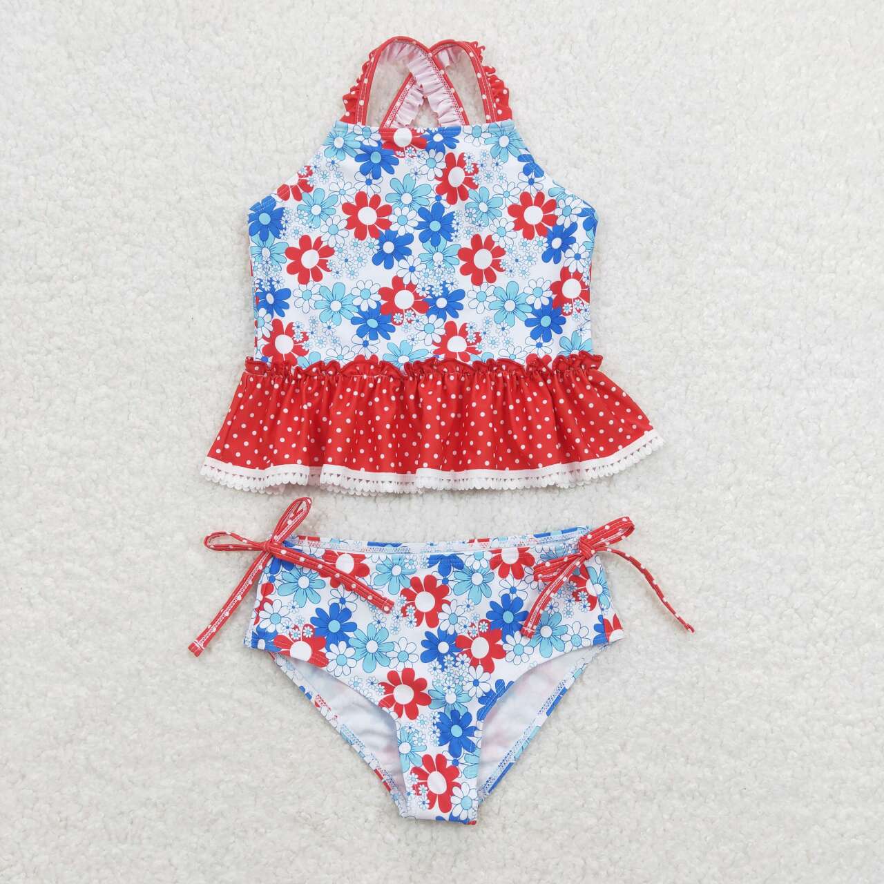 S0253 NO MOQ Red and blue floral polka dot lace bathing suit