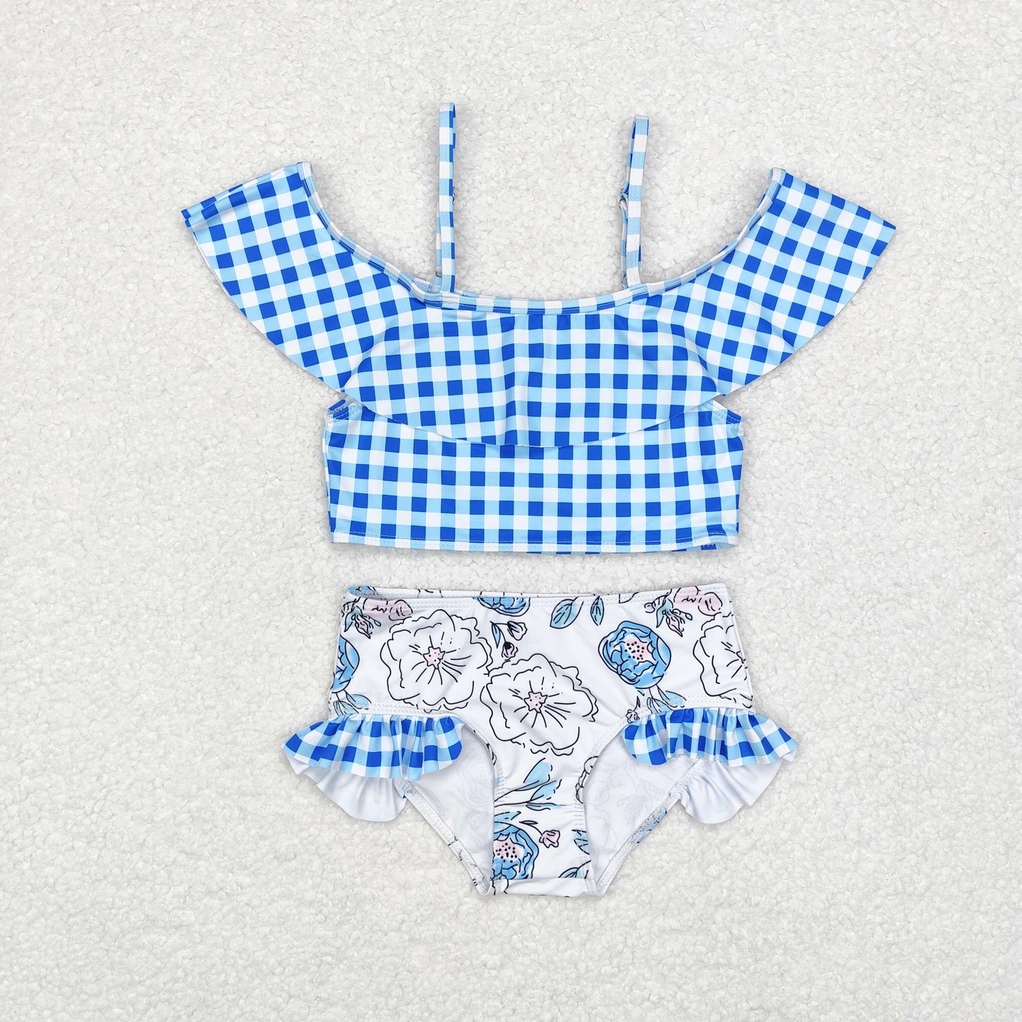 S0254 Blue checkered lace floral white bathing suit