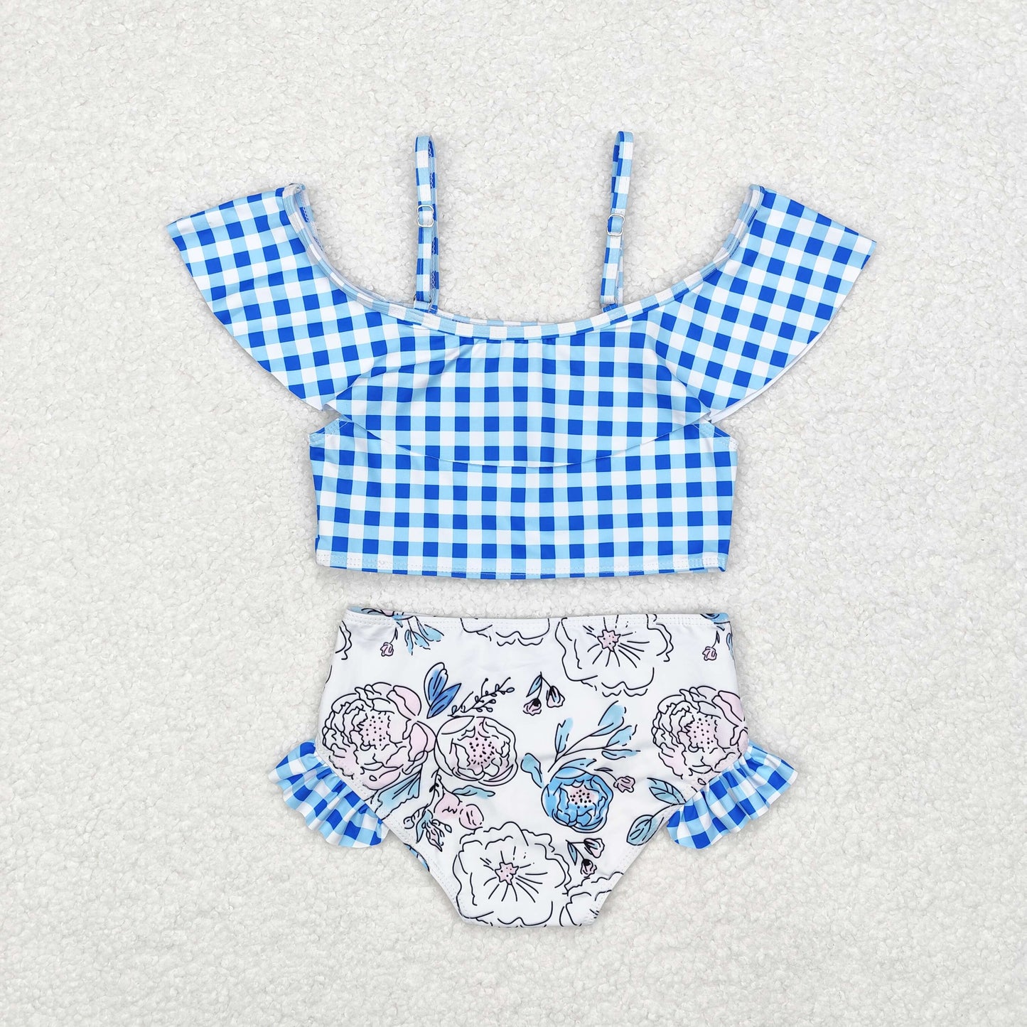 S0254 Blue checkered lace floral white bathing suit