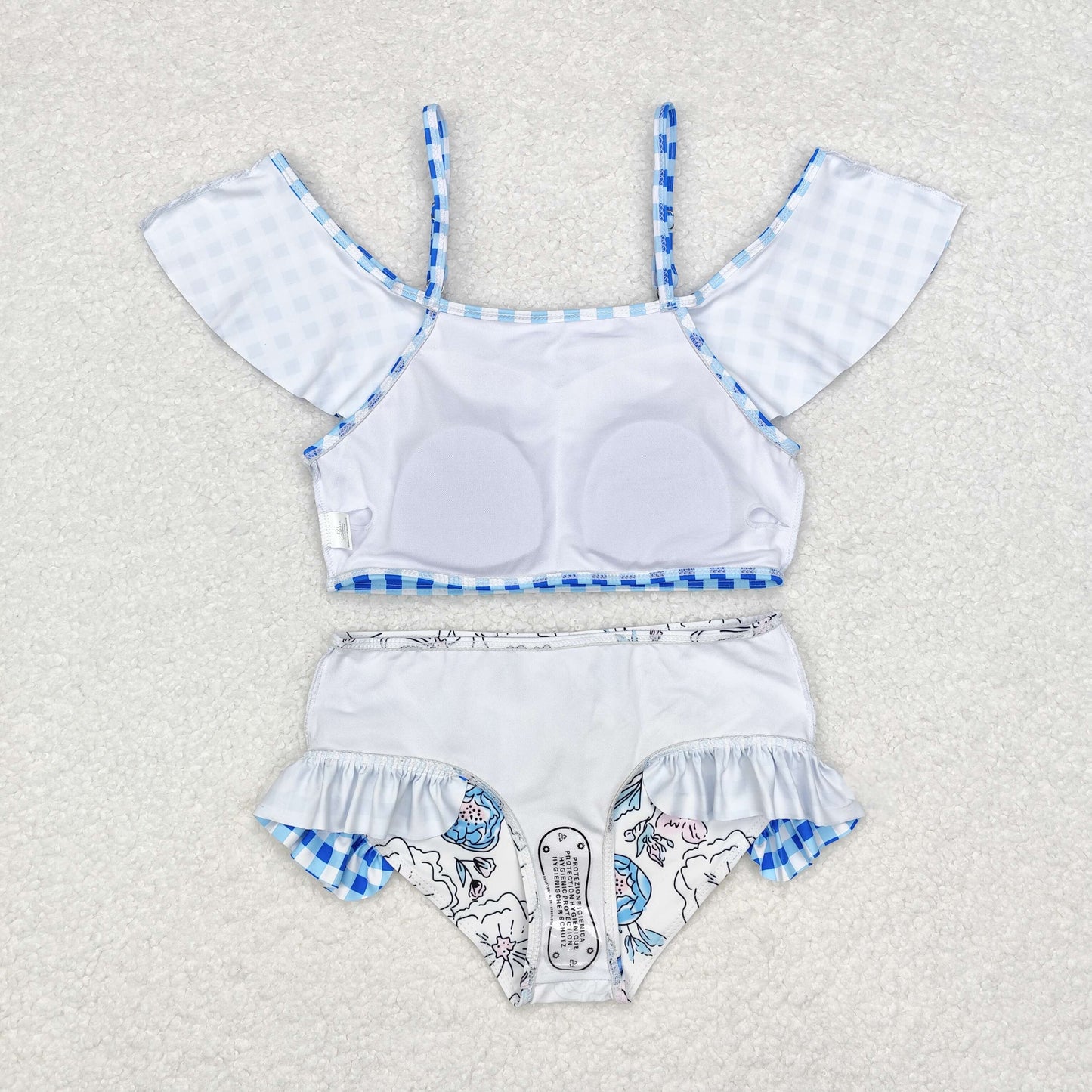 S0254 Blue checkered lace floral white bathing suit