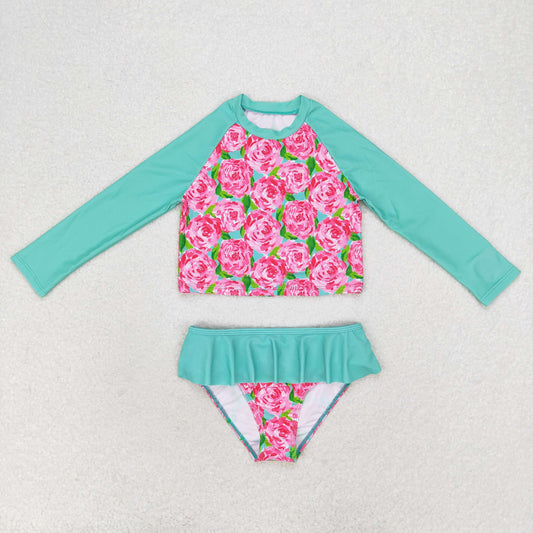 S0260 Floral turquoise lace long-sleeved swimsuit kids swimwear for girls