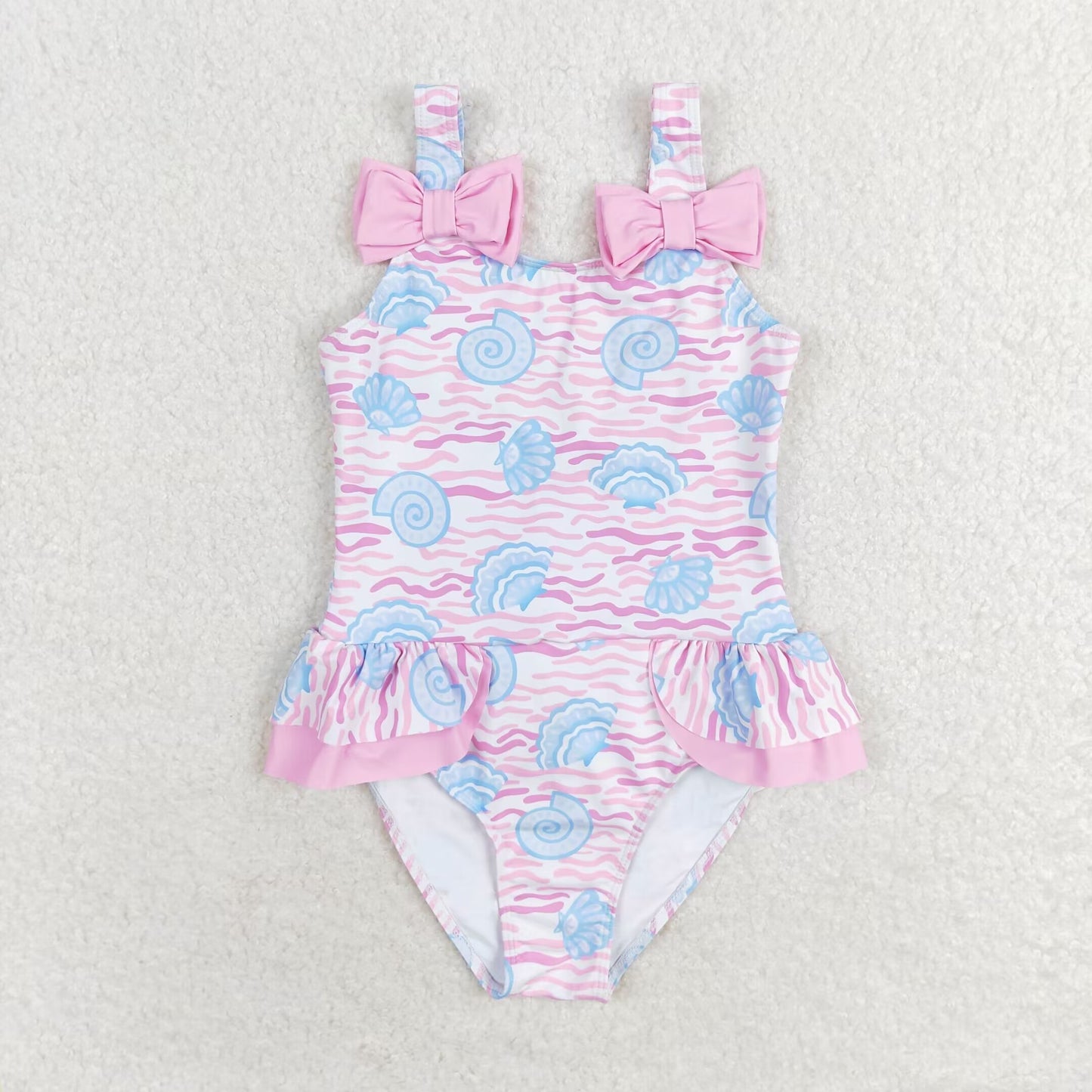 S0274 RTS Shell Wave pink bow one-piece swimsuit