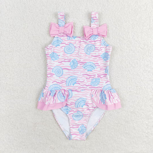 S0274 RTS Shell Wave pink bow one-piece swimsuit