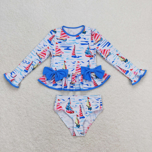 S0276 Sailboat blue bow white long-sleeved swimsuit