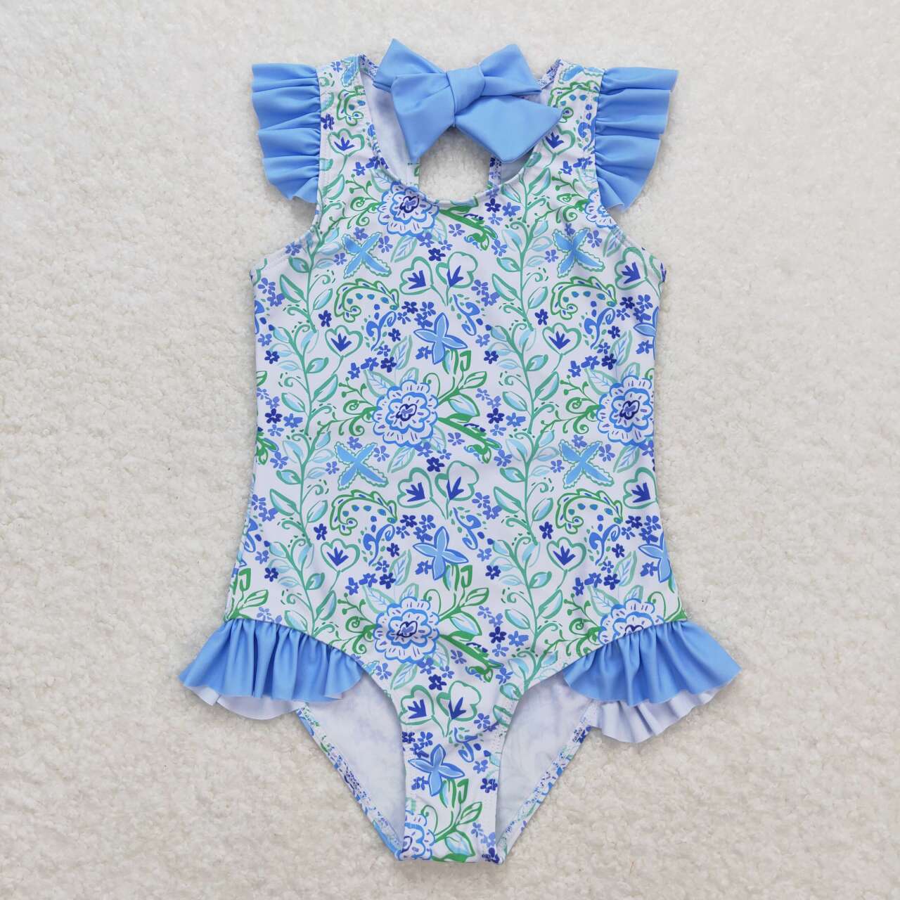 S0278 Floral blue and white lace one-piece swimsuit