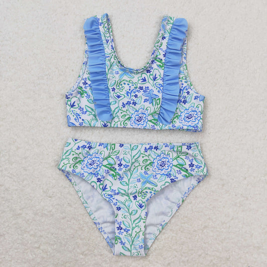 S0279  flower ruffle blue white sleeveless swimsuit RTS 202508