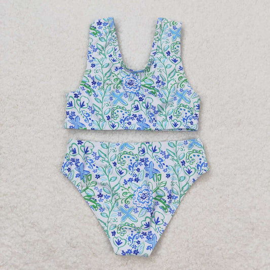 S0279  flower ruffle blue white sleeveless swimsuit RTS 202508