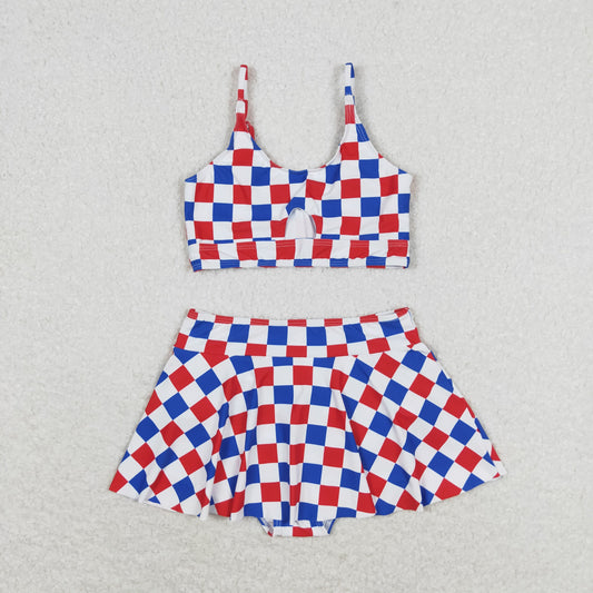 S0287 Red blue and white checkered National Day swimsuit set high quality wholesale girls swimwear