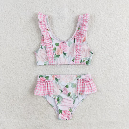 S0318 RTS Floral pink plaid lace bathing suit