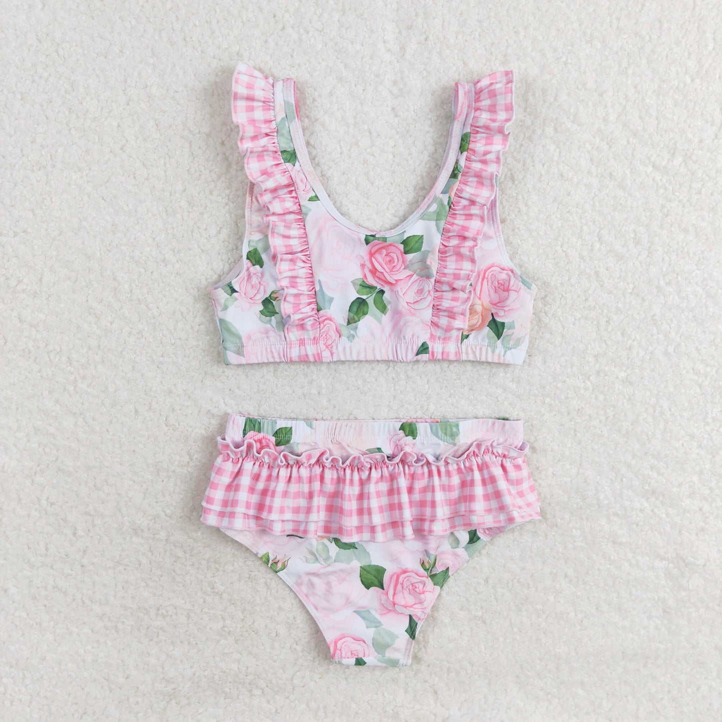 S0318 RTS Floral pink plaid lace bathing suit