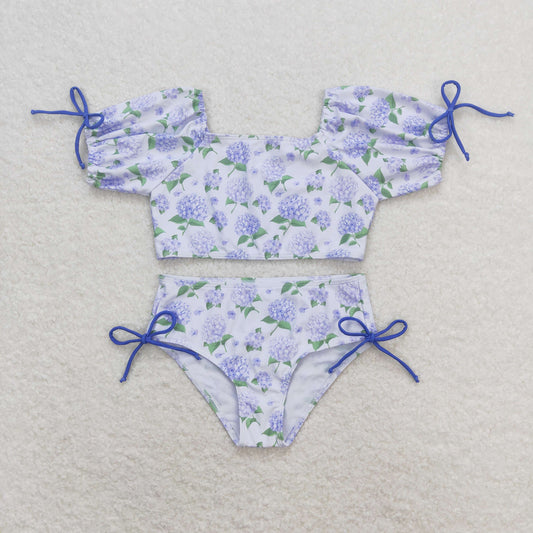 S0330 flower blue purple print short sleeve swimsuit RTS 202509