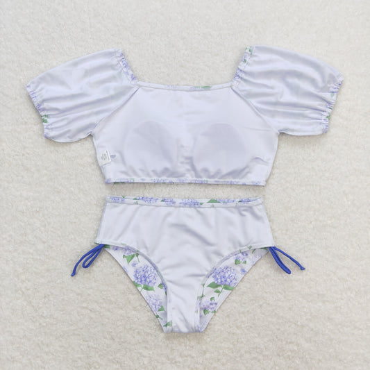 S0330 flower blue purple print short sleeve swimsuit RTS 202509