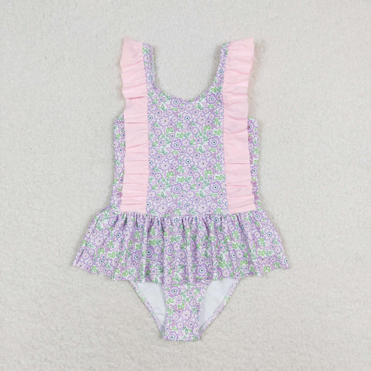 S0331 Pink purple floral lace one-piece swimsuit high quality swimwear kids girl