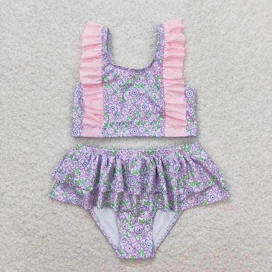 S0332 Pink purple floral lace bathing suit