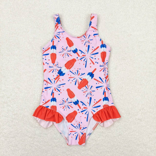 S0333 Fireworks Popsicle red lace pink one-piece swimsuit