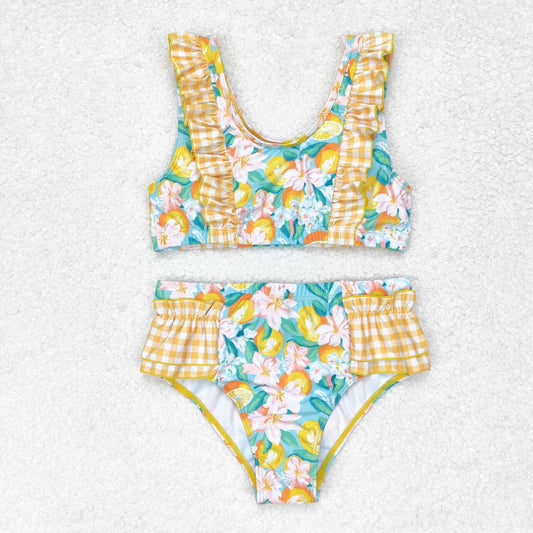 S0343 NO MOQ Floral orange yellow plaid lace blue bathing suit western clothes