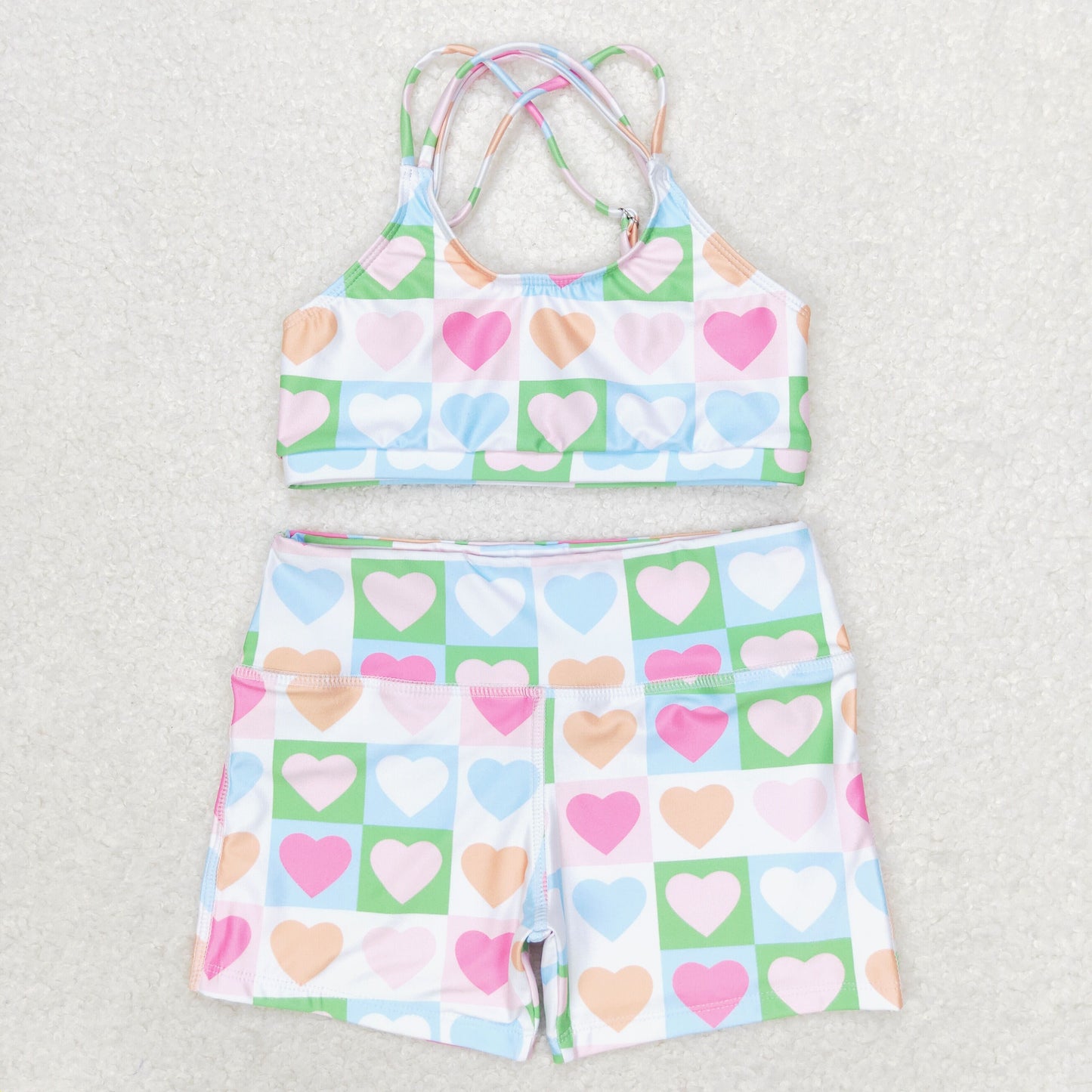 S0373 Color love plaid swimsuit set high quality summer teen girl clothing set