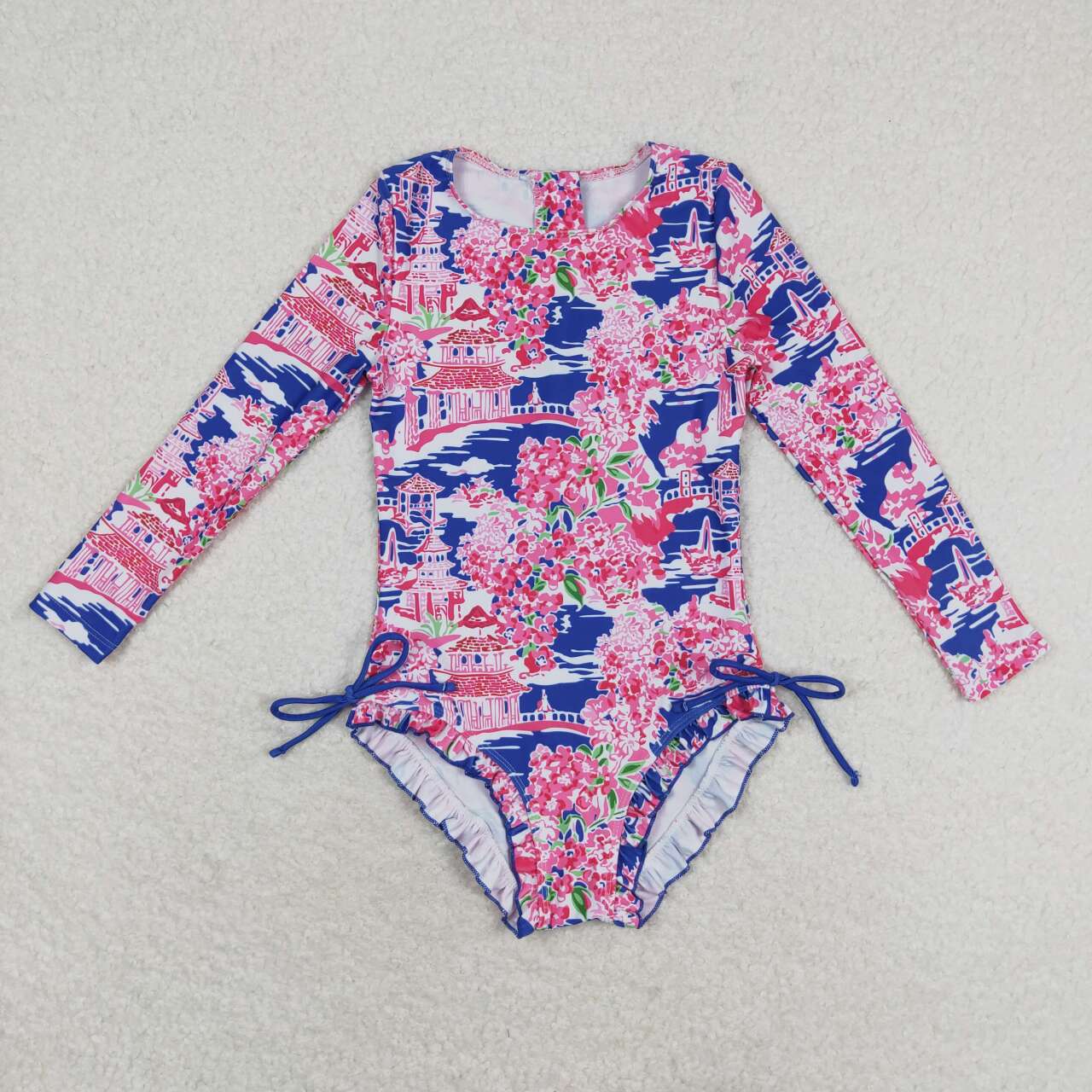 S0376 Flower scenery Blue pink zipper long sleeve one-piece swimsuit high quality girls swimwear