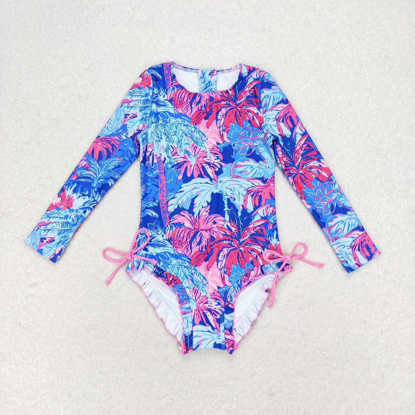 S0377 Trees forest pattern blue zipper long-sleeved one-piece swimsuit high quality wholesale girls swimwear