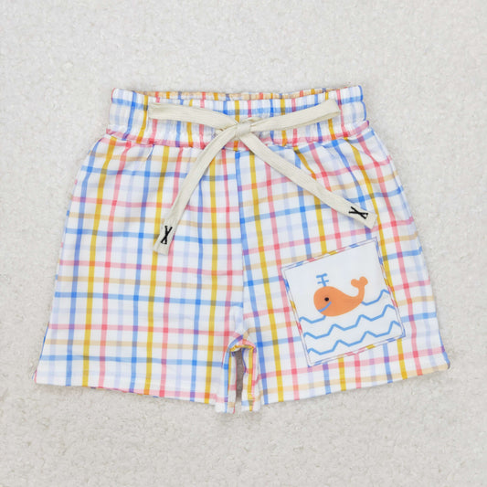 S0400 Whale blue yellow checkered trunks High quality custom kids shorts