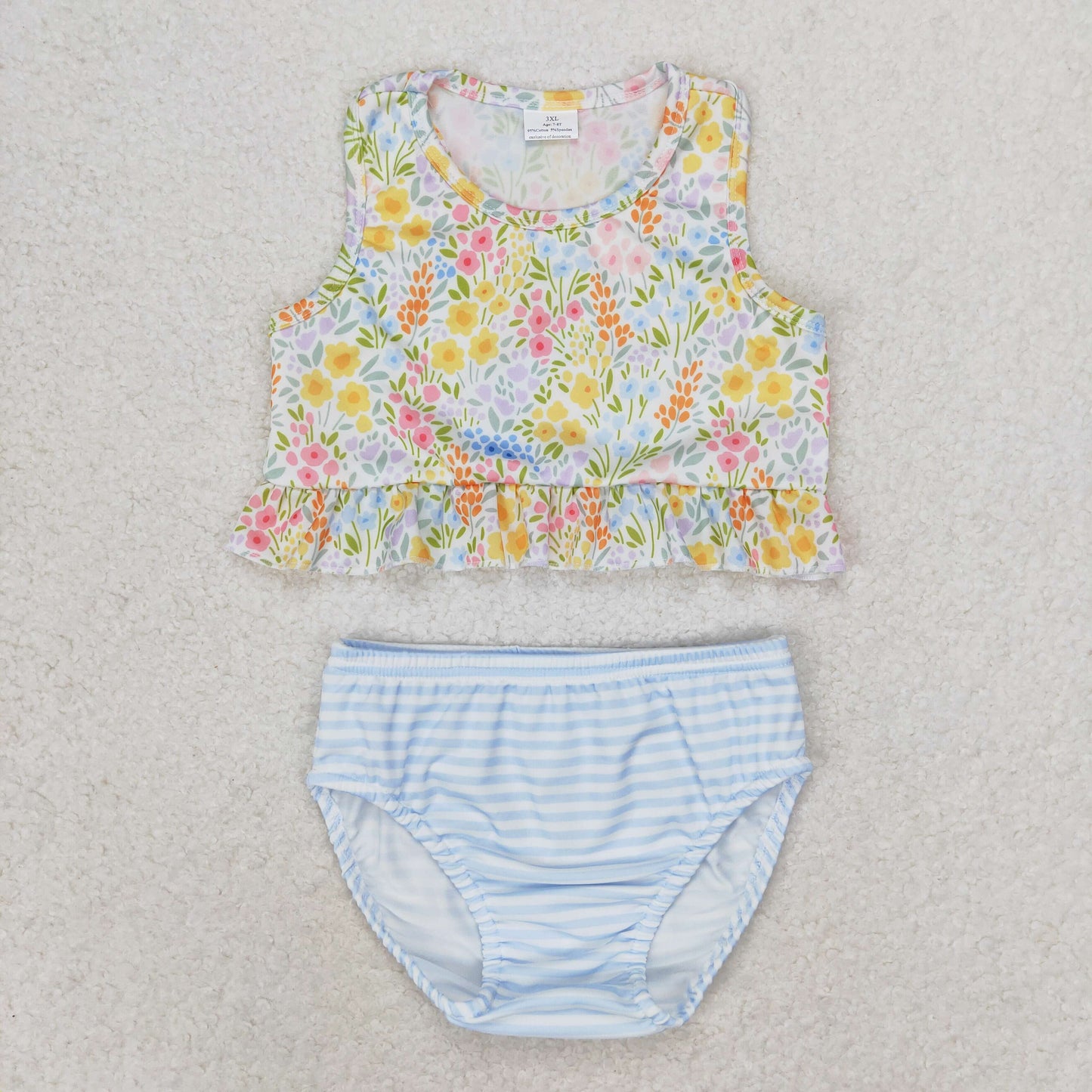 S0414 floral blue striped swimsuit set High quality swimwear beachwear kids girls