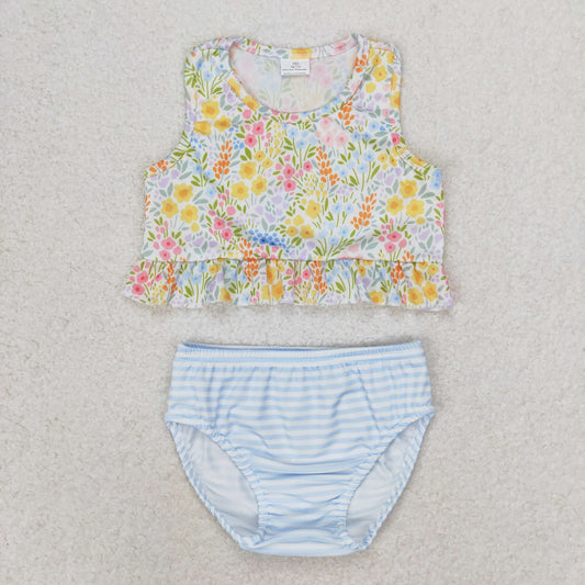 S0414 floral blue striped swimsuit set High quality swimwear beachwear kids girls