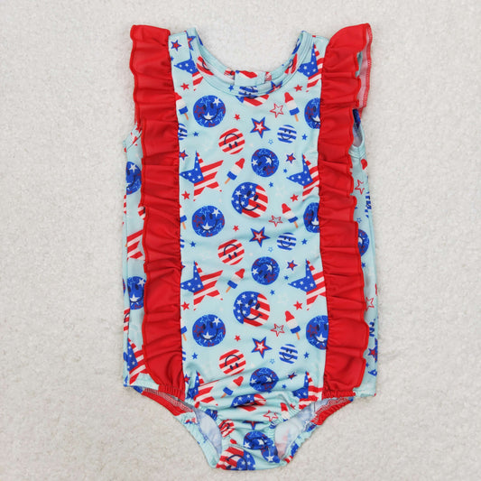 S0433 National Day Smiley Stars striped Popsicle lace blue one-piece swimsuit high quality girls swimwear