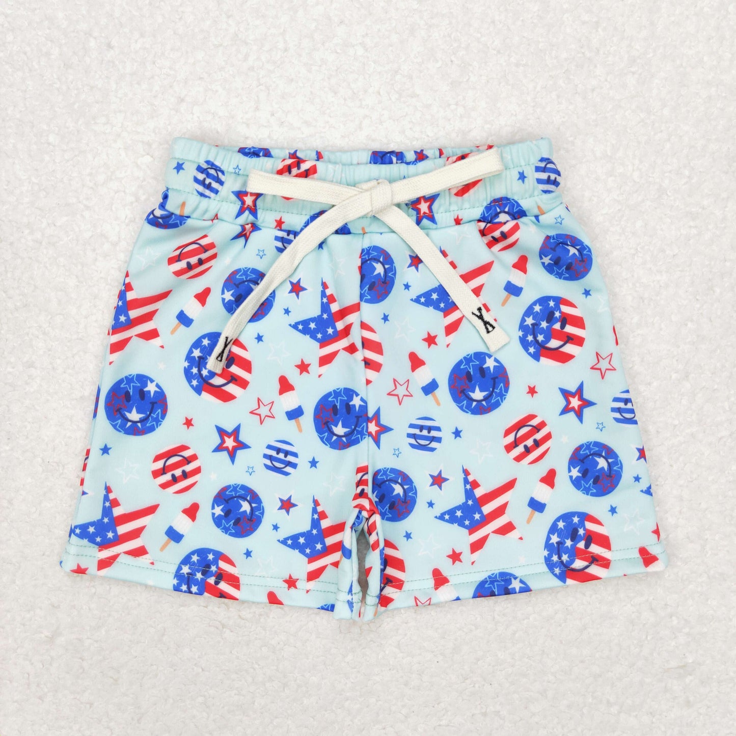 S0434 Fourth of July smiley face Star striped Popsicle blue swimming trunks