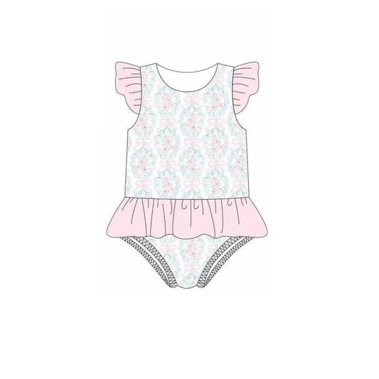 Preorder S0485 Pink Blue Flower Leaf Ruffle Flying Sleeve Dress Ruffle Briefs Rompers Girls Boutique Swimming wear  20250104