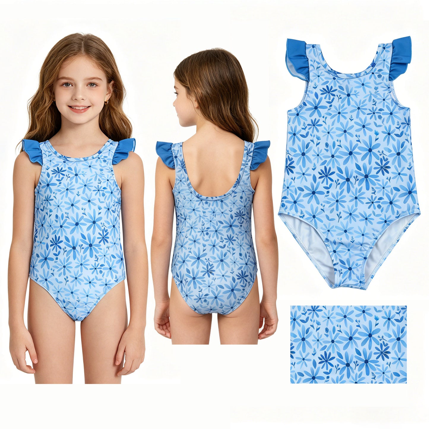 S0515 Flower Blue Flying Sleeve Girls Swimming Romper Swimsuits 202605 RTS