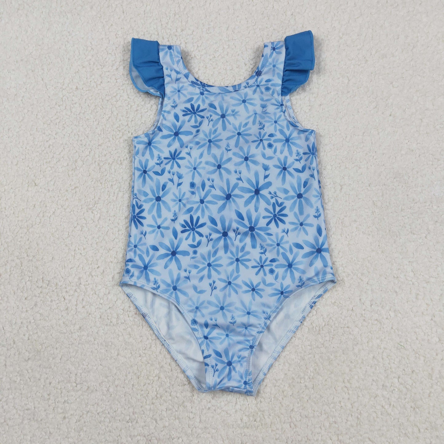 S0515 Flower Blue Flying Sleeve Girls Swimming Romper Swimsuits 202605 RTS