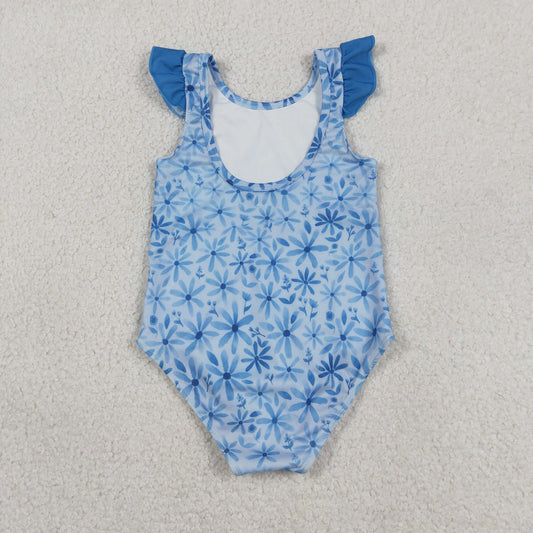 S0515 Flower Blue Flying Sleeve Girls Swimming Romper Swimsuits 202605 RTS