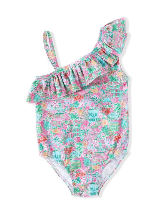 Preorder S0540 Green Pink Flower Ruffle Sleeveless Romper Girls Boutique Swimming wear  202503