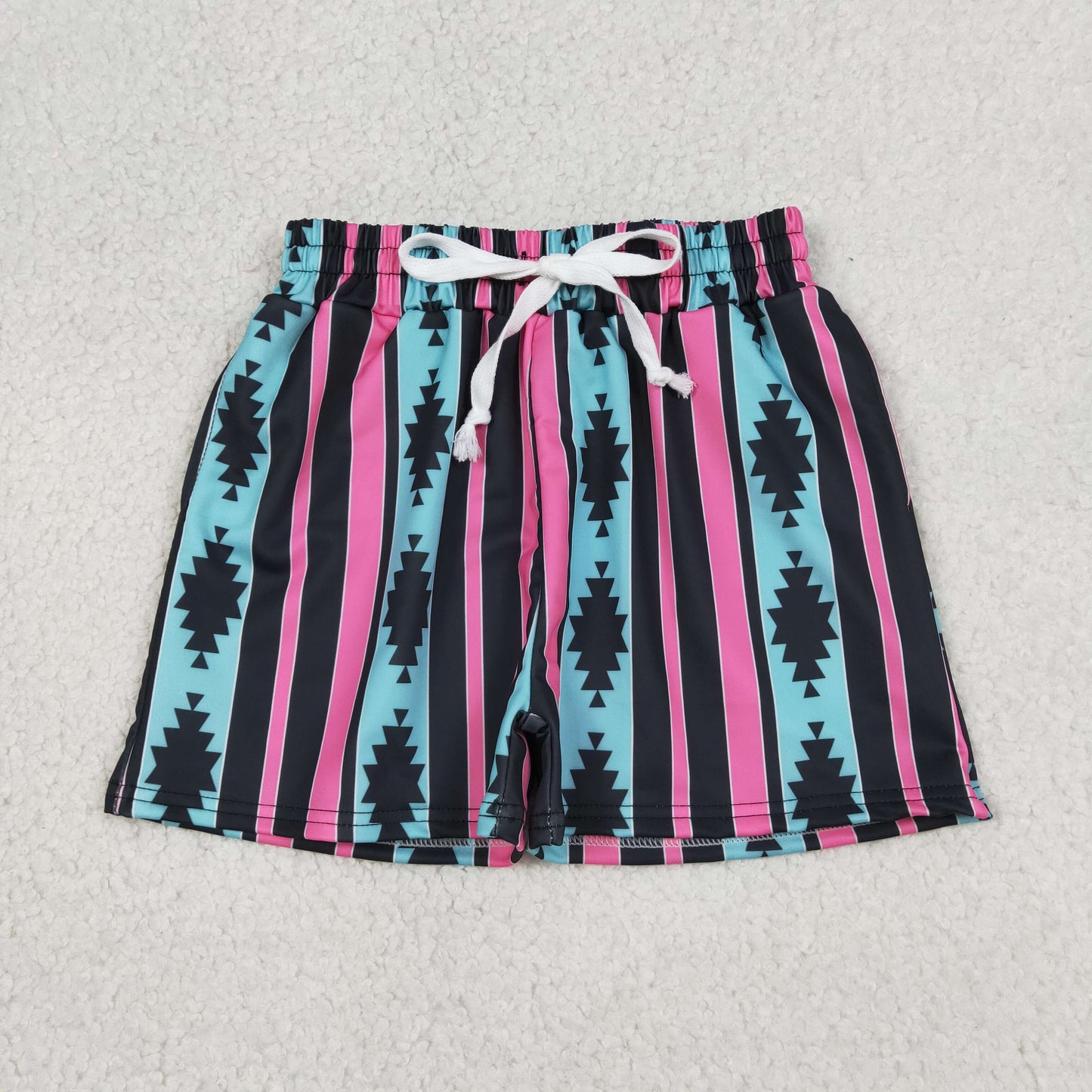 S0548 Geometric Pattern Red Black Striped Shorts Boys Swimming Trunks 202604 RTS