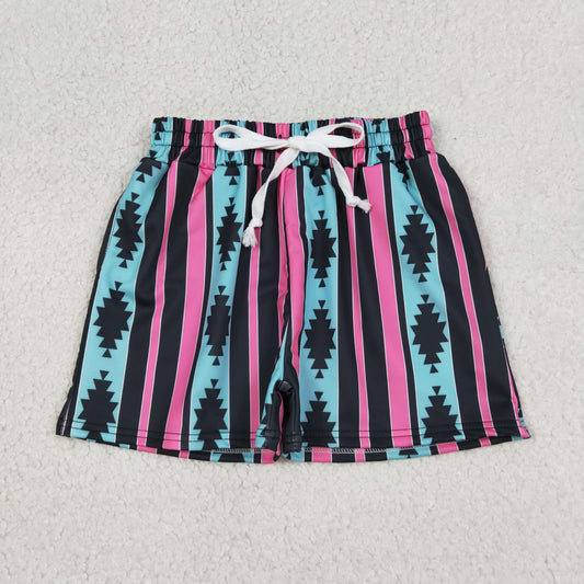 S0548 Geometric Pattern Red Black Striped Shorts Boys Swimming Trunks 202604 RTS